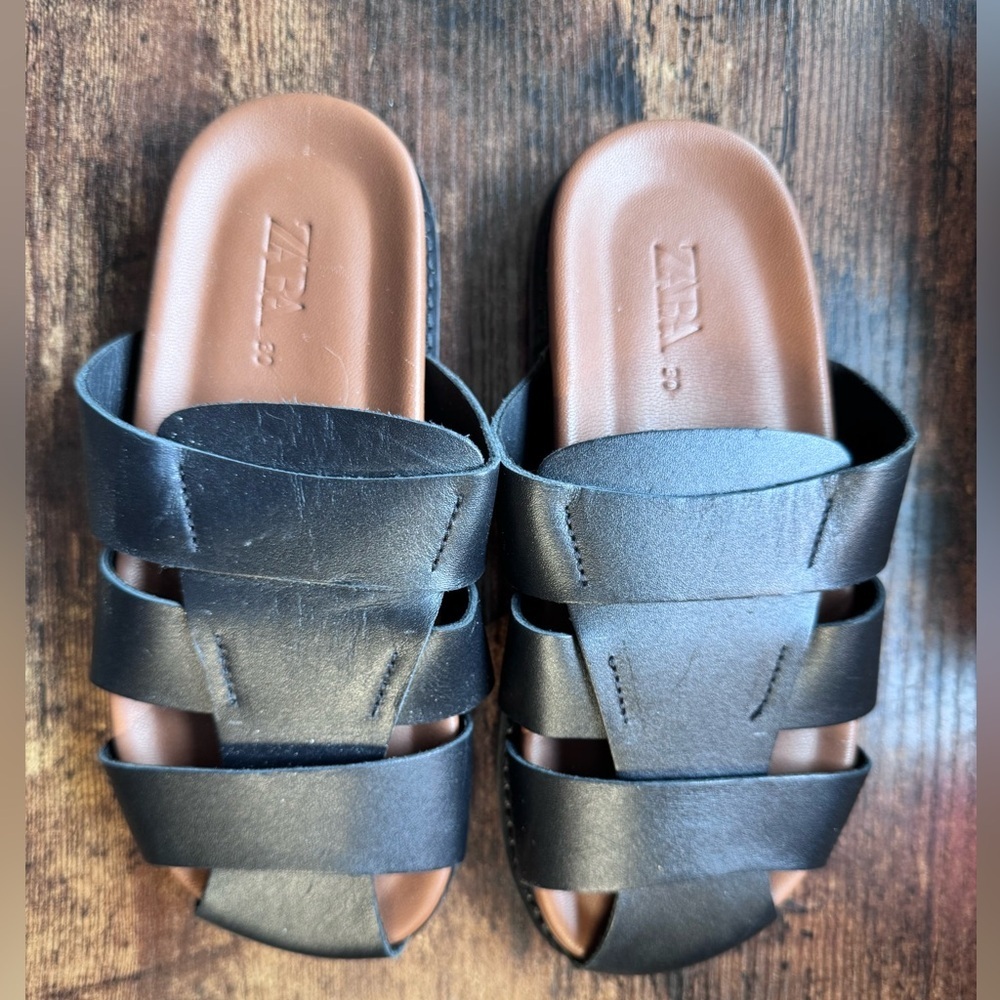 Zara Boys Black Strappy Leather Fisherman Slide Sandals Size 30